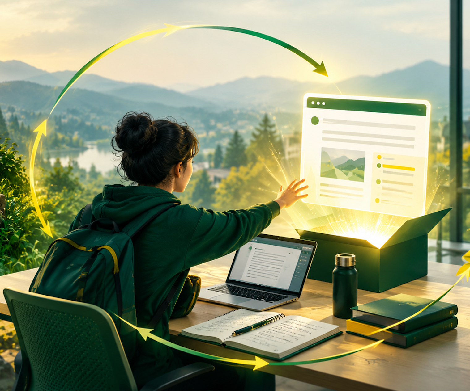 A student reaching toward a glowing AI answer box, surrounded by a circular arrow showing the vicious cycle of cognitive offloading.