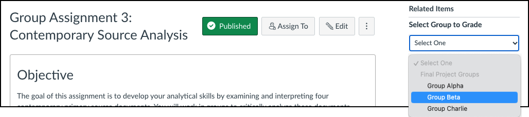 Canvas Assignment Select a Group to Grade Dropdown menu option