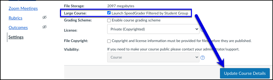 Canvas Course Settings Details Tab Launch SpeedGrader Filtered by Student Groups option enabled