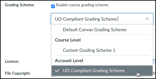 Grading Scheme option in Canvas highlighting UO Compliant Grading Scheme
