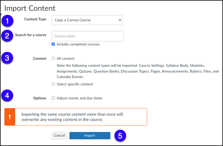 Canvas Import Content selection box