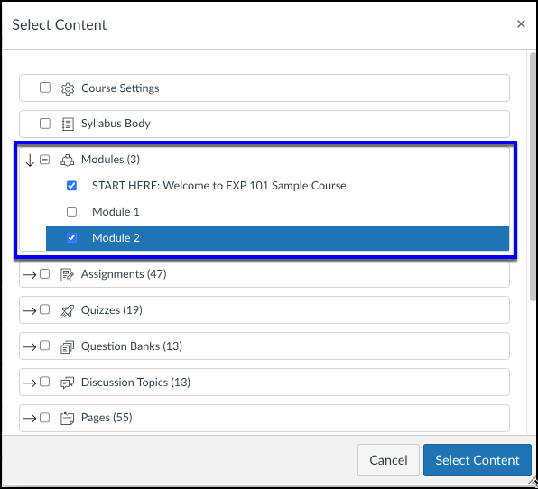 Canvas Import Content Select Content box