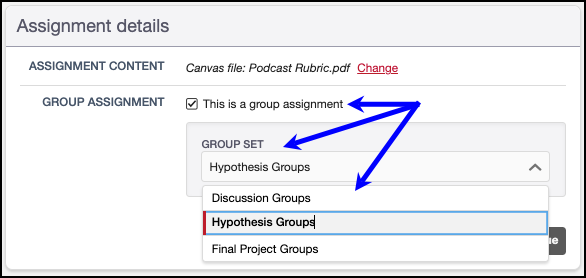 Hypothesis in Canvas showing Group Assignment selection of Hypothesis Groups