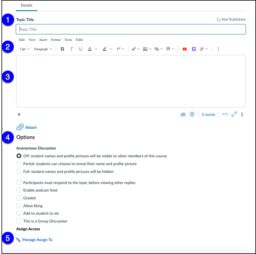 Canvas New Discussion Set-up Options