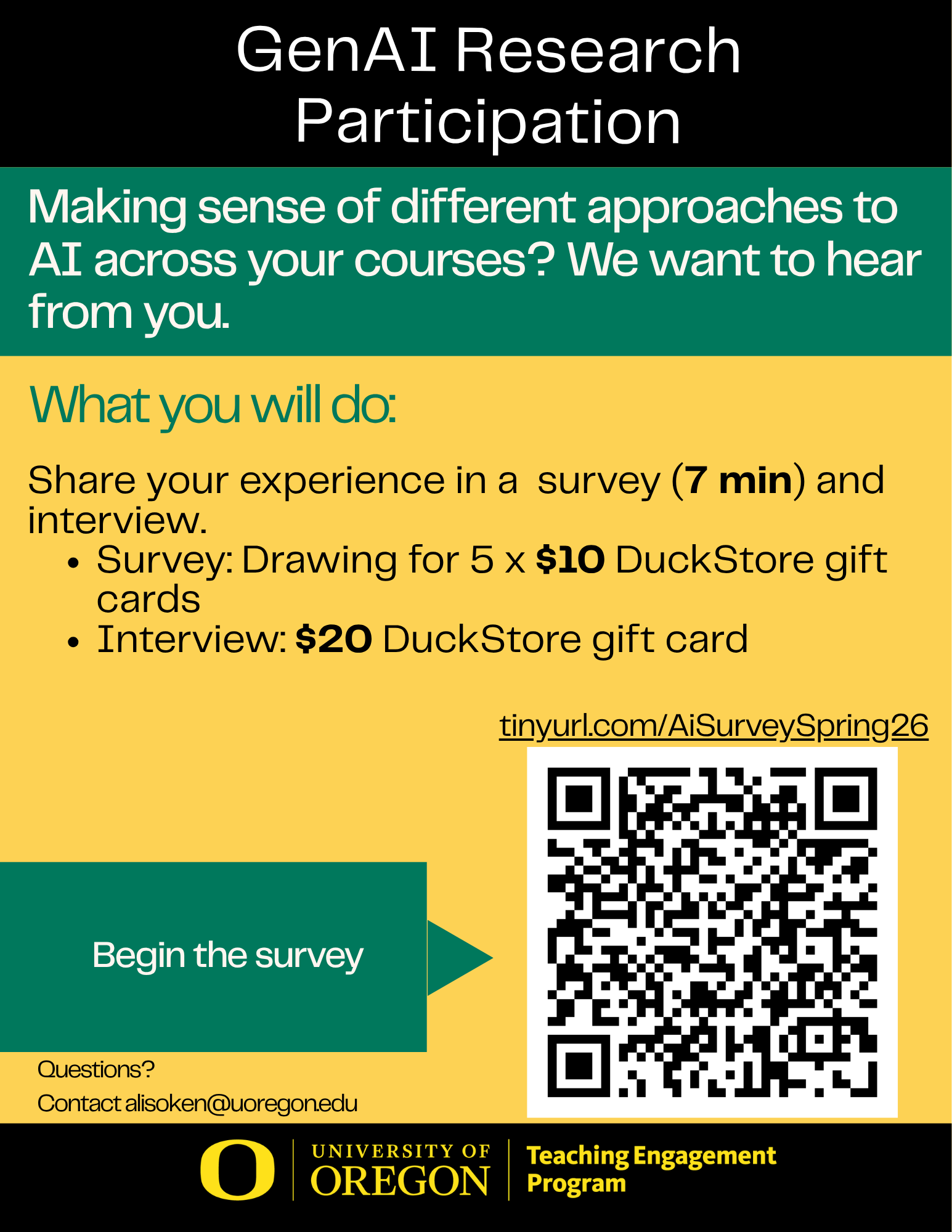 Gen AI research participation flyer with a qr code - check begin the survey link