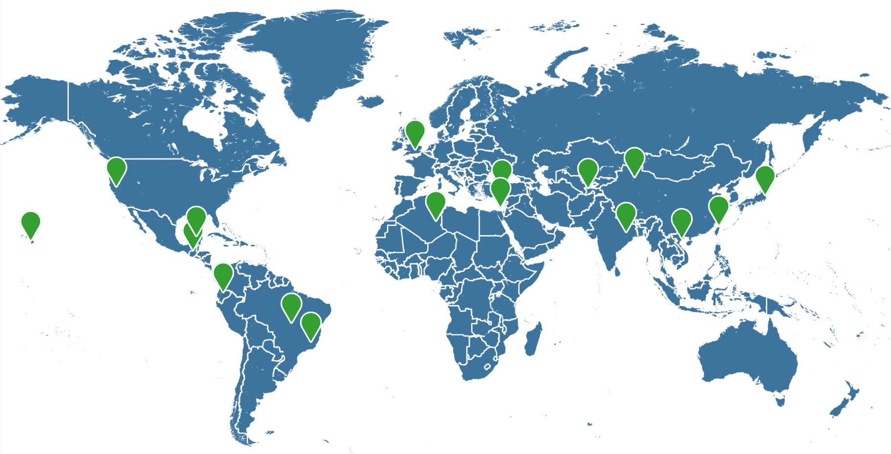 World map with pins showing participants' home countries from the International GE Success event (Winter 2025)