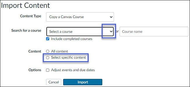 Import Content Screen Options