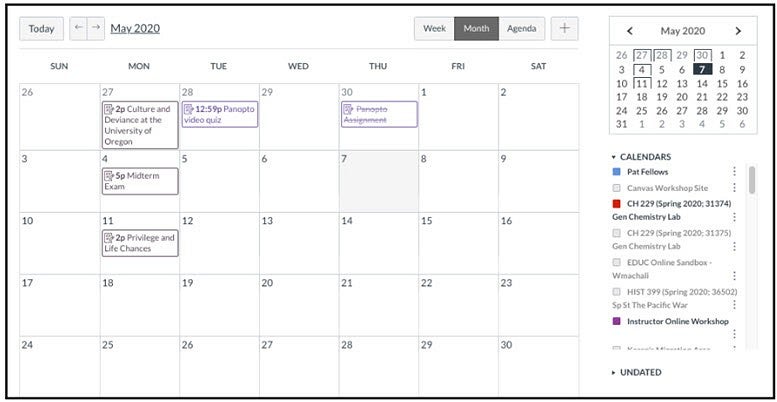 Calendar in Canvas showing month display