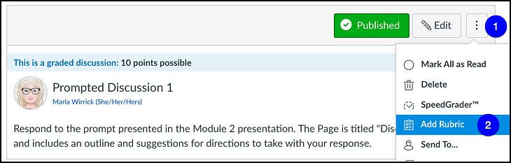 Canvas Add Rubric in Discussion More Options Menu