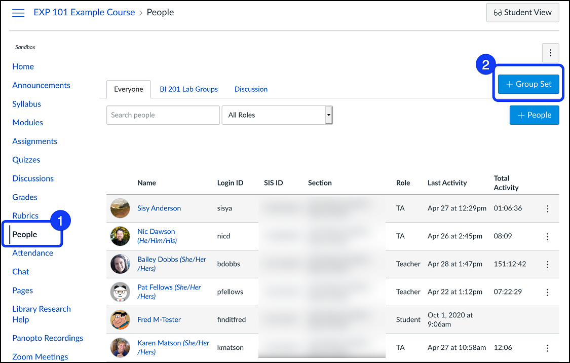 Canvas page with People link highlighted in Global Navigation and + Group Set button highlighted