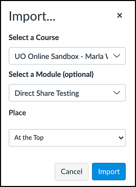 Canvas select course and module for file import