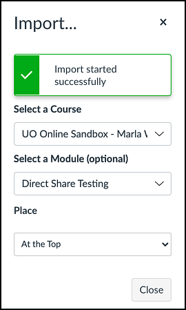 Canvas file import started successfully notice