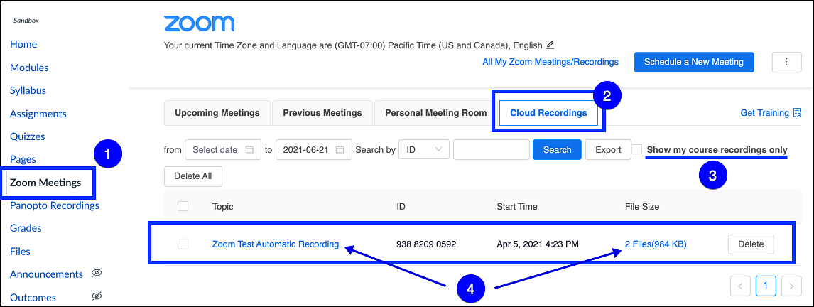 canvas zoom cloud recordings tab