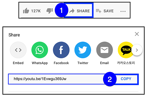 youtube share button and video link copy screen
