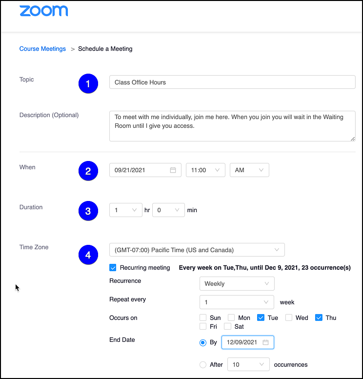 zoom meeting set-up options
