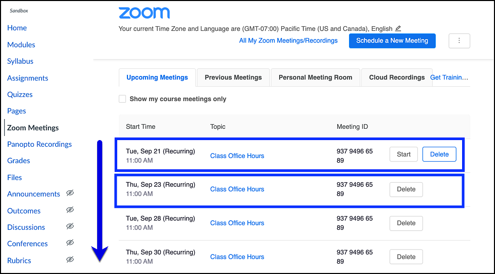 zoom recurring meetings in upcoming meetings tab in canvas