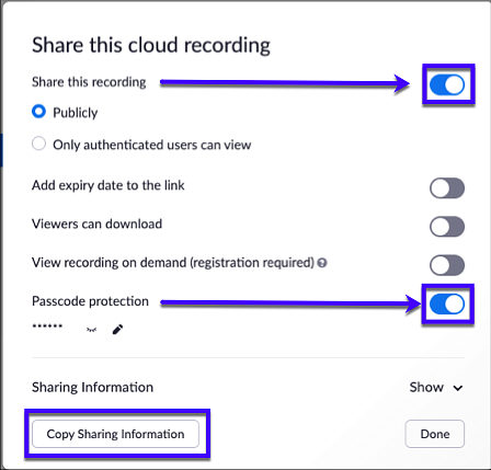 Sharing settings for Zoom Cloud recording