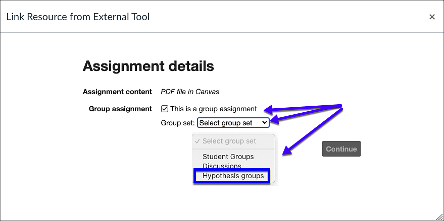 Dialogue box setting the assignment as a group assignment and allowing for selection of the Canvas Group Set to be used for the assignment