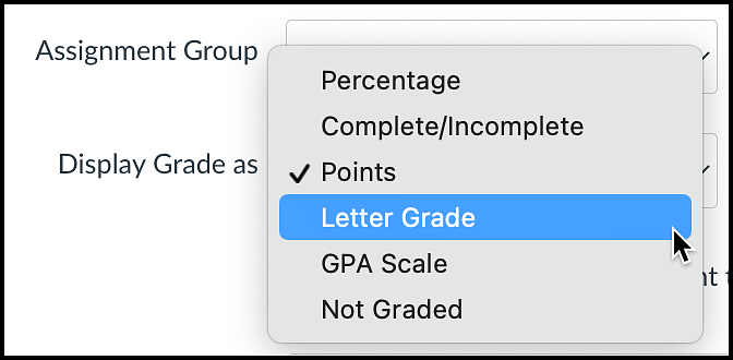 Canvas assignment display grade as option menu