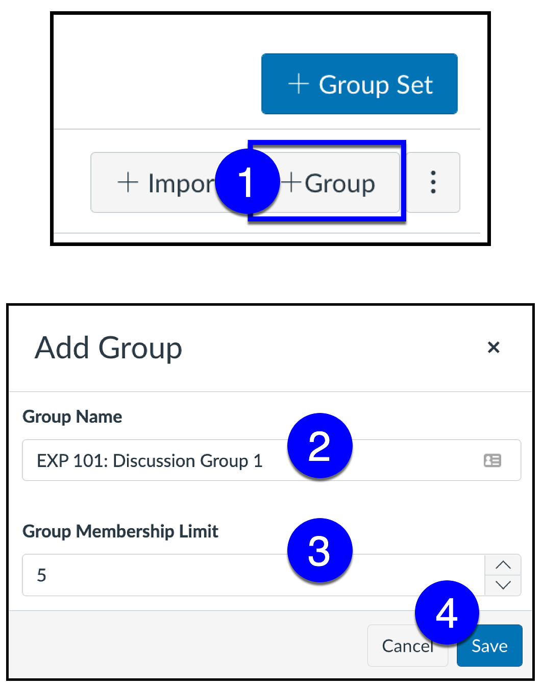 Canvas add group button and group details tab