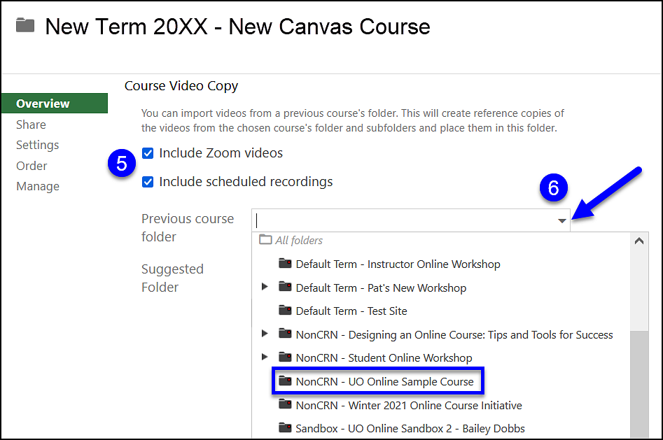 Batch Copy  Canvas Panopto Step 5 select zoom recordings and Step 6 choose folder