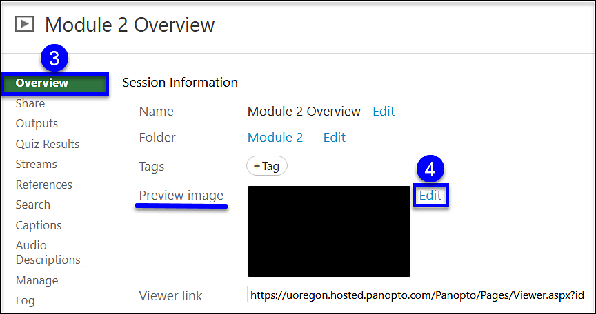 Panopto Canvas Preview Image Step 3 - Overview and Step 4 - Edit