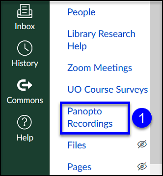 Canvas navigation menu with step one indicating "Panopto Recordings" 