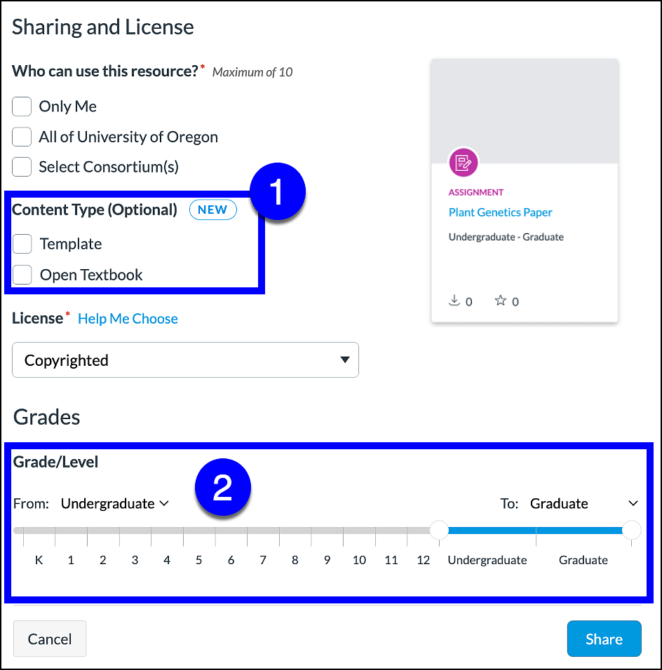 canvas commons content type and grade level filter options