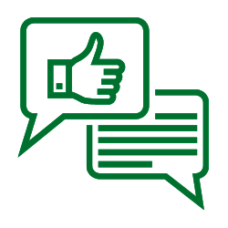 Icon of thumbs up in a chat bubble in response to another chat bubble with text