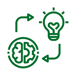 Icon depicting lightbulb, brain, and gear, with arrows pointing back and forth between them
