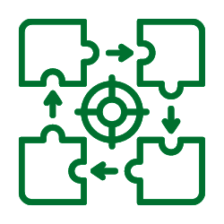 Icon depicting 4 puzzle pieces surrounding a target