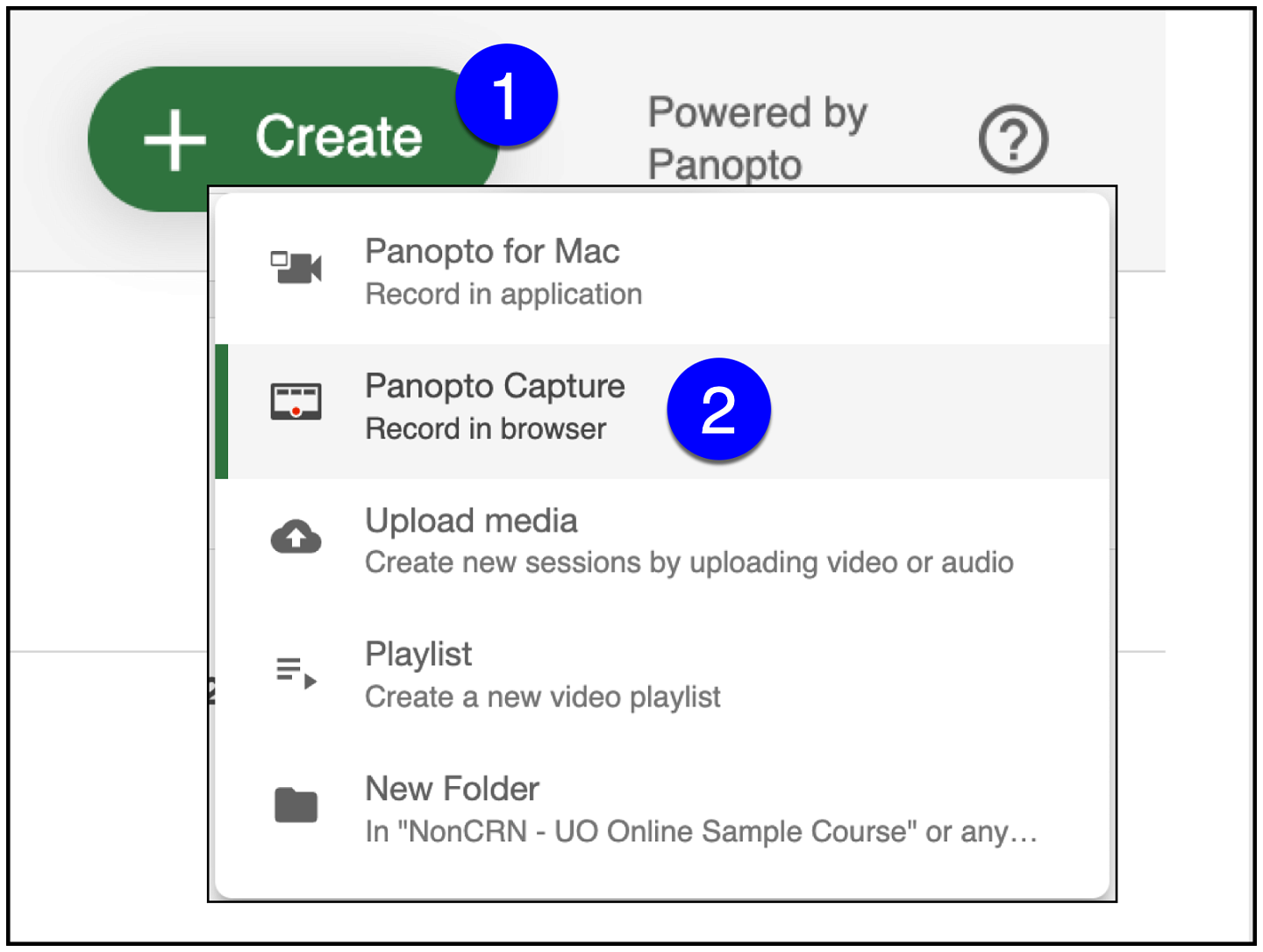 panopto interface create button option menu with panopto capture selected