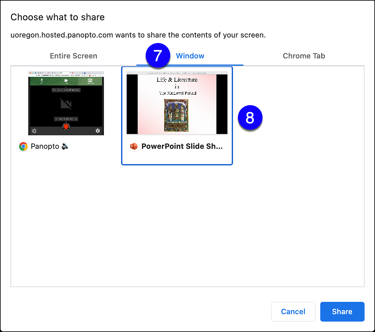 panopto share screen options in chrome