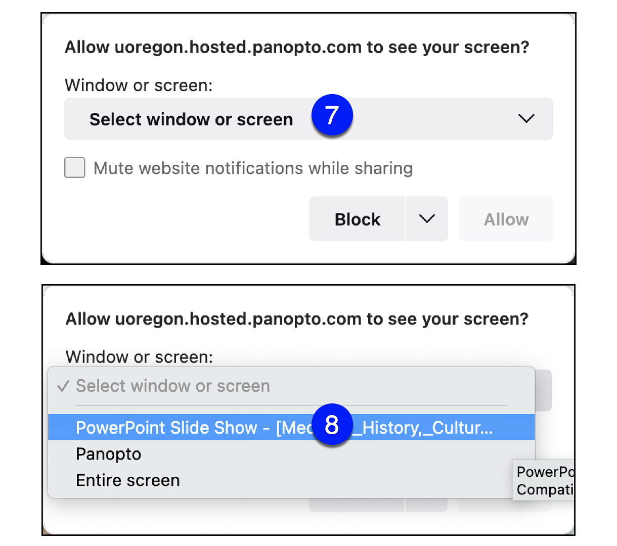 panopto share screen options in firefox
