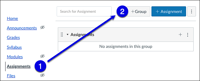 assignments on course navigation with arrow pointing to + group button