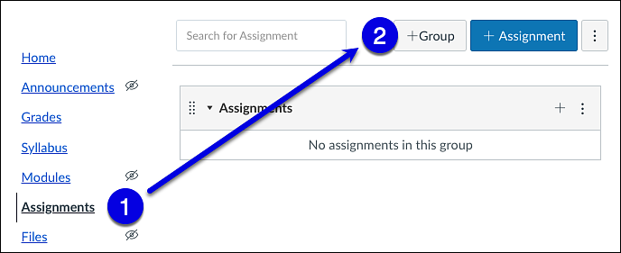 assignments weighted by group assignments on course navigation with arrow pointing to + group button
