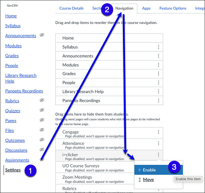 Canvas course navigation enable iclicker