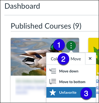 Canvas dashboard course card and move option tab