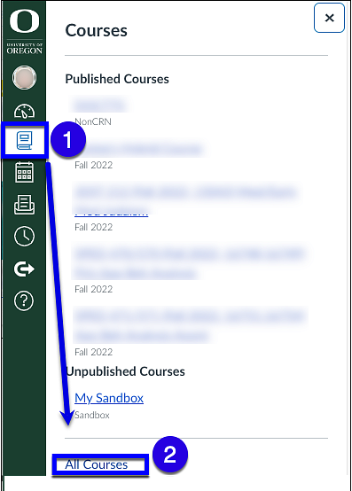 Canvas global navigation with courses and all courses highlighted