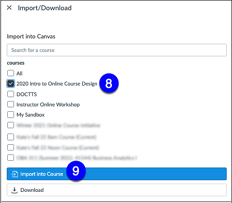 Commons Import/Download Select Course