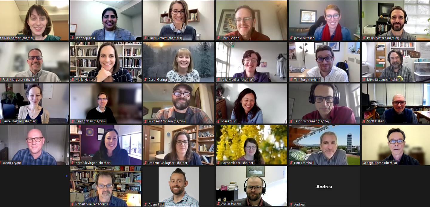Zoom screen image of many faculty's faces