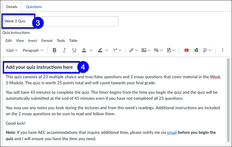 assign quiz name and add instructions