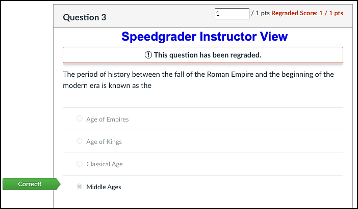 Instructor view of regraded quiz question in Speedgrader