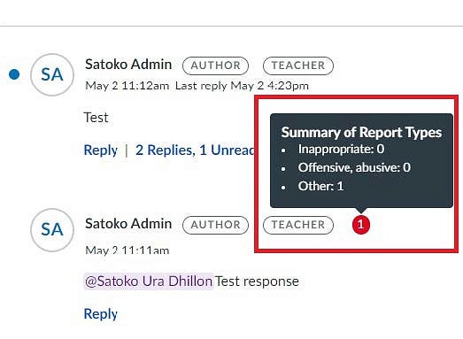 The summary of report types highlighting the number of reports a particular reply has.