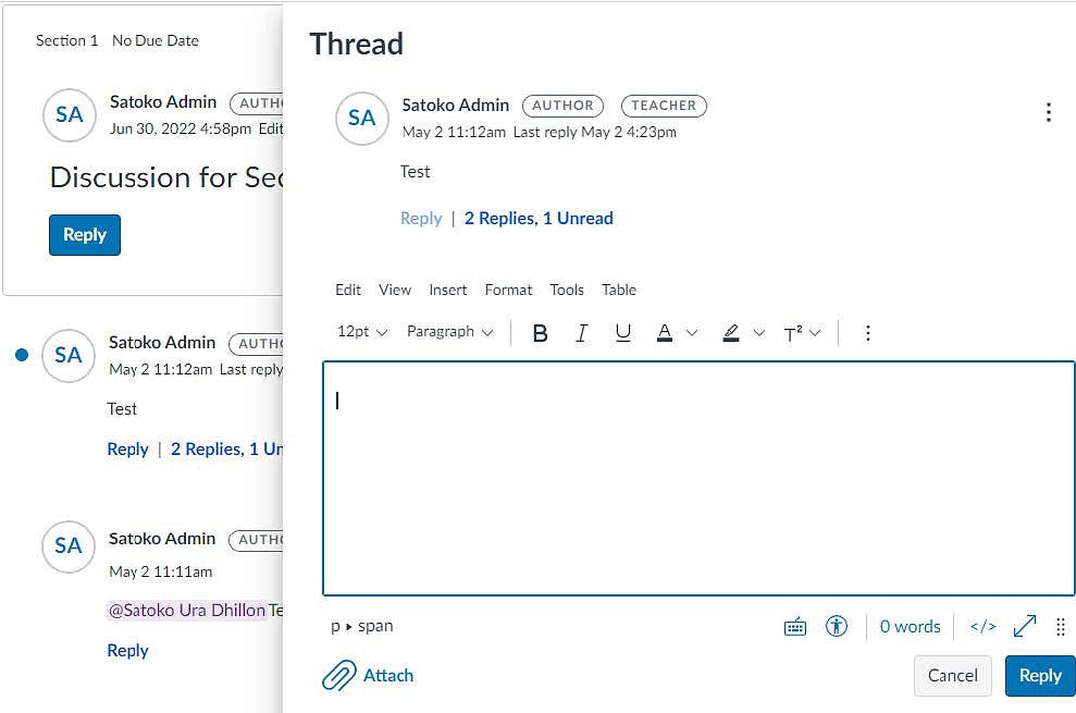 An image showing where Discussions now displays the number of read and unread replies for a discussion entry.