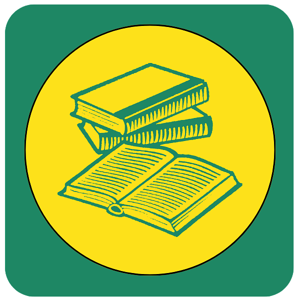 Line drawing icon of books in a yellow circle on green background