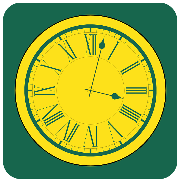 Clock face line drawing icon in a yellow circle on green background