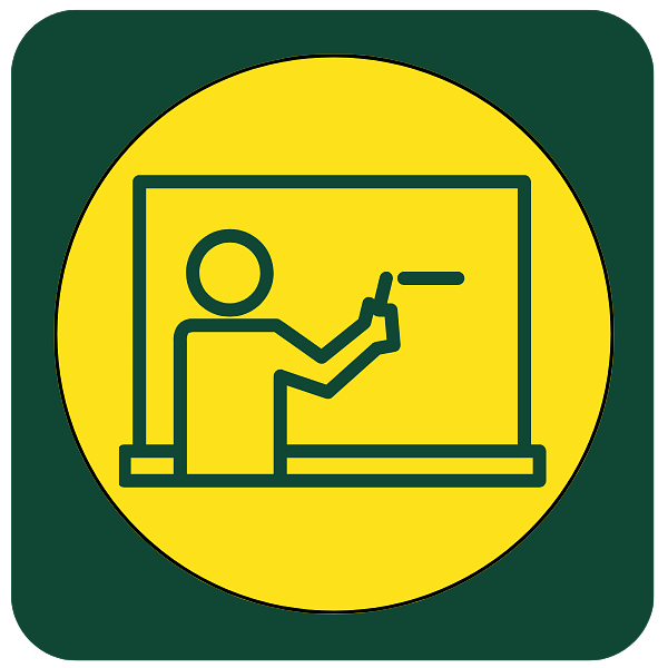 Teacher writing on a board line drawing icon in a yellow circle on green background