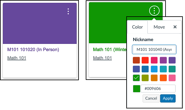 Canvas course card option to add a nickname