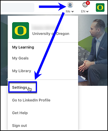 LinkedIn Learning profile menu with settings highlighted